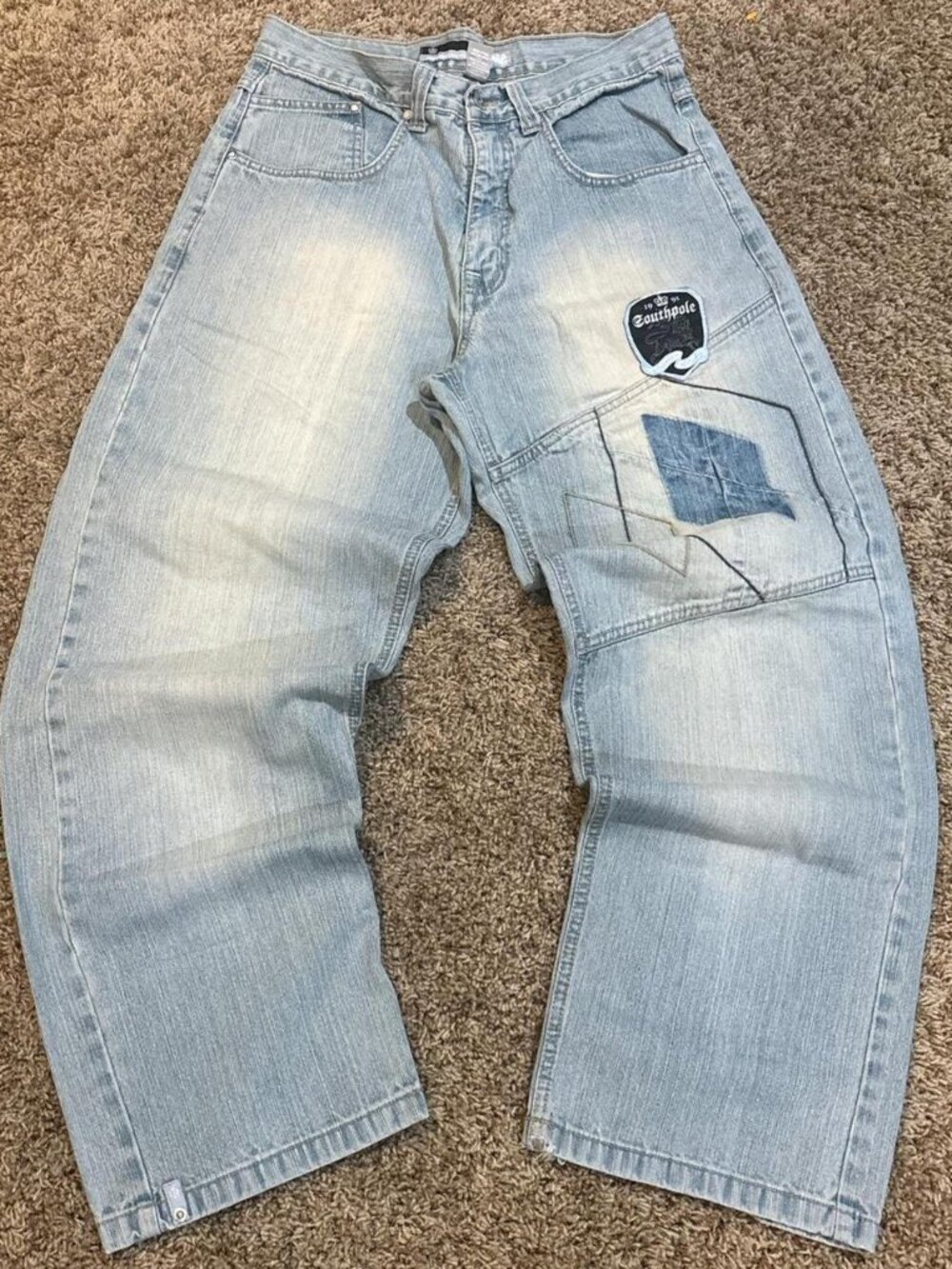 Vintage Y2K Baggy Light Wash Patchwork Jeans, Size 32,